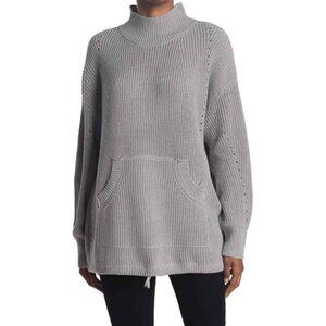 New RDI XS Oversized Gray Mock Neck Kangaroo Pocket Ribbed Tunic Sweater NWT